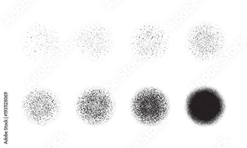 Stipple grain noise brushes with paint spray or sand dust texture, vector set. Noise grain brush templates for drawing with stipple dots or dotwork gradient with particle spray scatter brush effect.