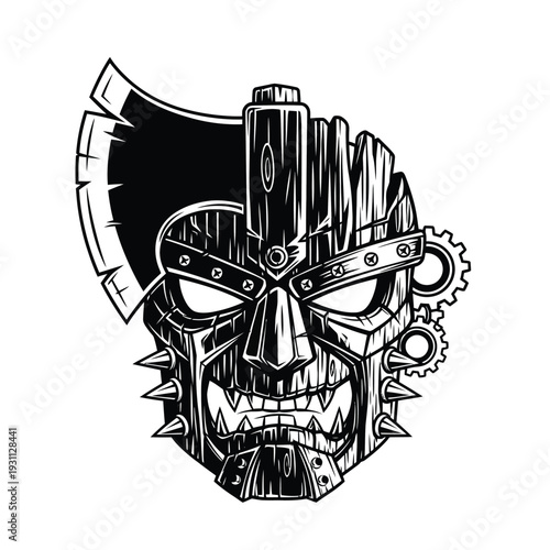 Steampunk Tiki Warrior Mask with Axe and Gears - Aggressive Tribal Cyberpunk Emblem Illustration