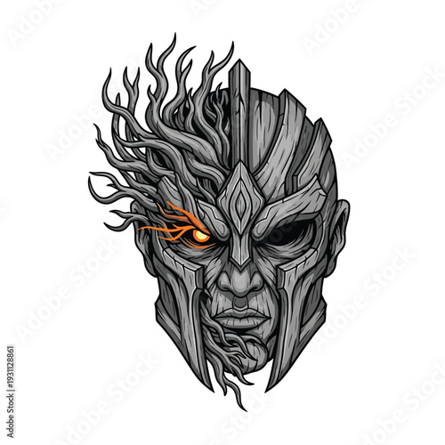 Ancient Forest Spirit Warrior Head Illustration with Glowing Eye - Mystic Woodland Guardian Carved from Wood and Roots