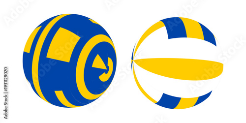 Close up of two volleyball balls, one with a yellow stripe and the other with a blue stripe. Suitable for sports and summer themed designs.
