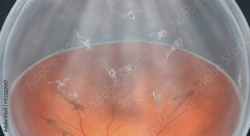 3D rendering of vitreous floaters casting shadows on the retina