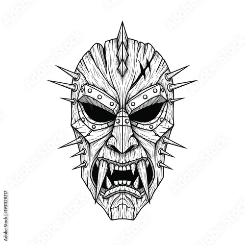 Intimidating Tribal Warrior Mask with Spikes and Fangs Vector Illustration