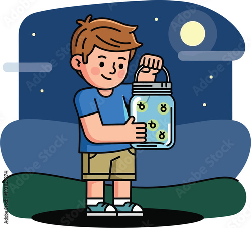 Boy Holding Lantern with Fireflies Inside.