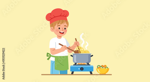 Cartoon Chef Cooking on Stove Illustration.