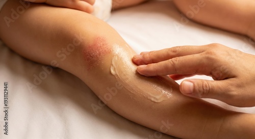 Wallpaper Mural Hand applying medicinal ointment to child's leg with eczema Torontodigital.ca