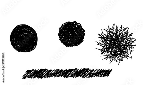 手書きの黒塗り円とラフなライン装飾セット