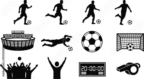 Set of Soccer Sports Silhouettes Featuring Football Players Stadium Goal Post Whistle Scoreboard and Fan Crowd Icons for Athletic Competition Tournament and Team Brand Identity