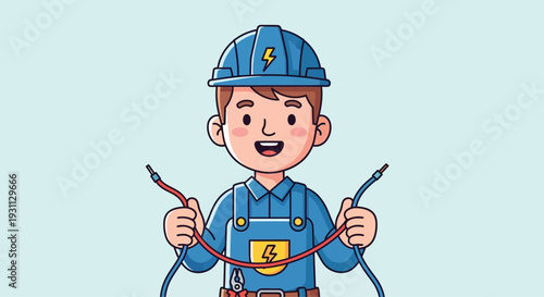 Electrician Cartoon Character Holding Wire Jumpers.