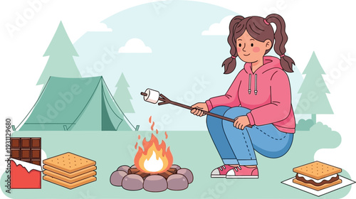 Girl Roasting Marshmallow over Campfire.