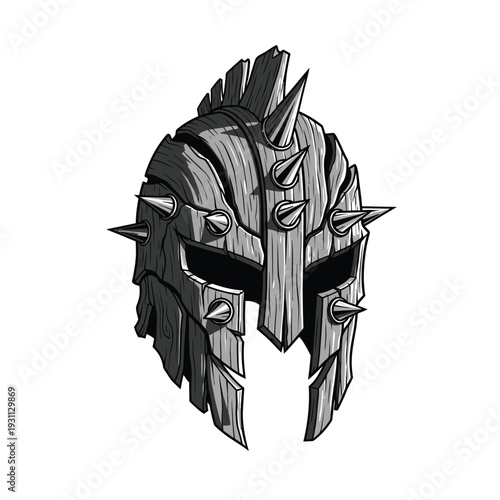 Spiked Wooden Spartan Helmet Illustration - Ancient Warrior Gear with Aggressive Design