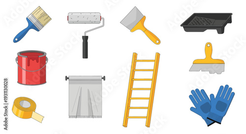 Home Improvement & Painting Tools Vector Set: DIY Renovation Equipment, Paint Supplies, Ladder, Brushes, Rollers, Spatulas