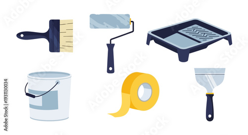 Essential DIY Home Painting Tools Collection: Brush, Roller, Paint Can, Tray, Tape, Putty Knife for Renovation Projects