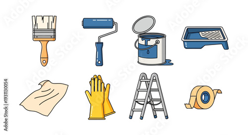 Painting Tools and Supplies Icon Set for Home Renovation and DIY Projects. Flat Design Vector Illustrations of Brush, Roller, Paint Can, Ladder, Gloves, and Tape.