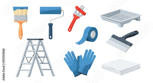 Home Renovation and Painting Tools Set. Essential DIY Equipment including brushes, rollers, ladder, gloves, tape, wrench, and putty knife.