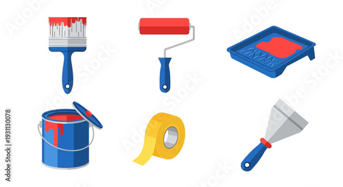 DIY Home Renovation Essentials: Flat Design Vector Illustration of Painting Tools Collection