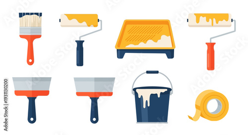 Flat Design Painting and Home Renovation Tools Set: Brushes, Rollers, Tray, Bucket, Tape for DIY Projects