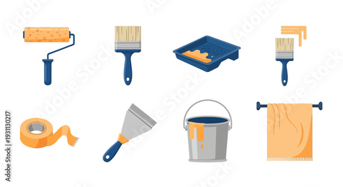 DIY Home Painting Tools & Supplies Vector Set. House Renovation Equipment: Paint Roller, Brushes, Tape, Scraper, Bucket, Tray, Towel Flat Icons.