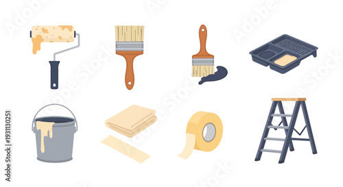 Home Painting Tools and Supplies Set: Roller, Brushes, Ladder, Tape, Bucket, Tray. DIY Renovation and Interior Decor Flat Vector Icons.