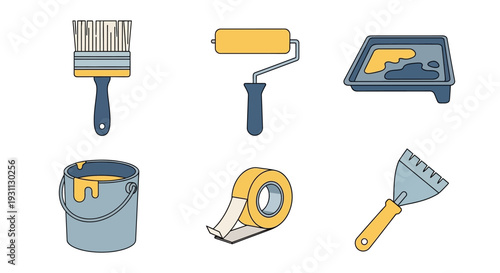 Painting Tools & Supplies Vector Icons Set: Brush, Roller, Paint Bucket, Tray, Masking Tape, Scraper for Home Renovation