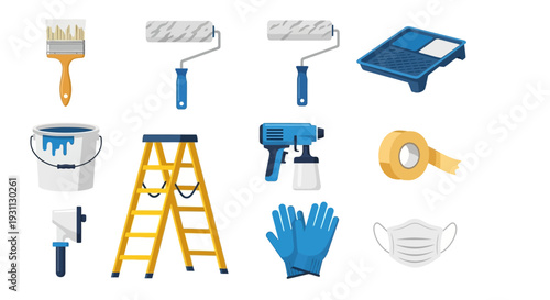 Comprehensive Painting Tools and Home Improvement Supplies Set. DIY Renovation Equipment for Wall Decorating and Repair Work.