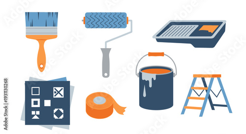 Home Renovation and DIY Painting Tools Collection: Brush, Roller, Paint Can, Tape, Ladder, and Tray Flat Design Vector Illustration