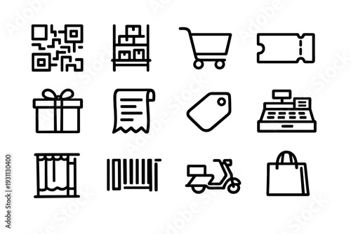 Retail and shopping line icons including shopping cart gift box cash register barcode and delivery scooter on white background