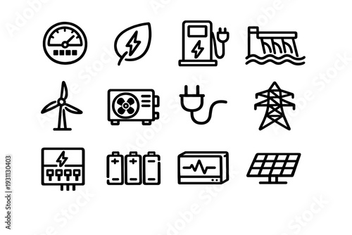 Renewable energy and electricity power icons set featuring solar panel wind turbine electric car charging station and hydroelectric dam