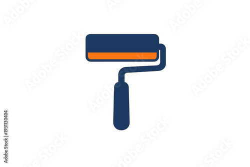 Paint roller icon with dark blue handle and orange paint stripe on white background for home renovation