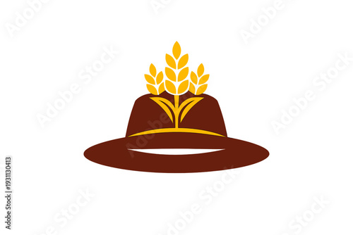 Stylized brown fedora hat with three yellow wheat ears on top for organic farming and harvest concept