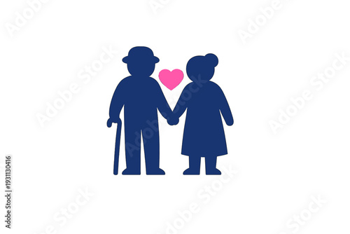Silhouette of an elderly couple holding hands with a pink heart symbol representing love and lifelong partnership on a white background