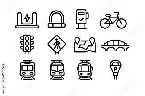 Urban transportation and city infrastructure line icon set with bicycle train traffic light parking meter and electric vehicle charging