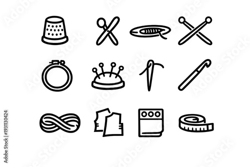 Sewing and tailoring icons including thimble scissors knitting needles embroidery hoop pincushion needle crochet hook yarn and measuring