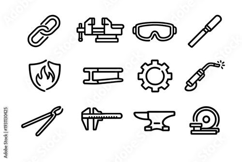 Blacksmith and metalworking industrial tool icon set featuring anvil welding torch gear and safety equipment on white background