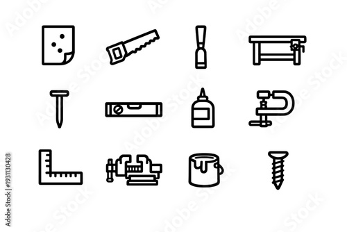 Carpentry and woodworking hand tools collection including saw chisel workbench nail level glue clamp ruler vise paint and screw