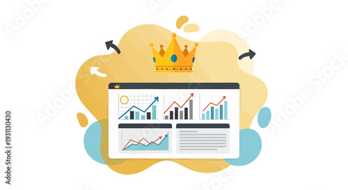 Business growth analytics dashboard with crown symbolizing success.