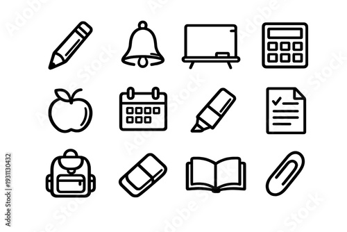 School and education icon set featuring pencil bell chalkboard calculator calendar marker paper backpack eraser book and paperclip