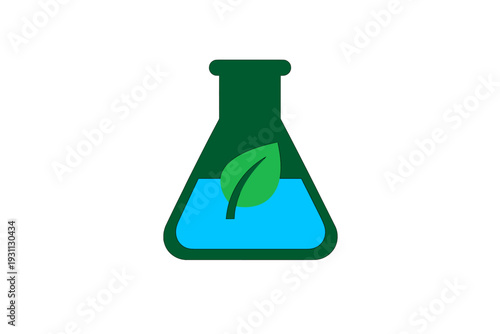 Green laboratory flask with blue liquid and a leaf representing eco-friendly science and sustainable biotechnology research