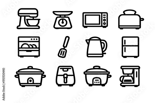 Set of kitchen appliance icons including microwave toaster coffee maker refrigerator and stand mixer on white background