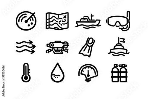 Ocean exploration and scuba diving line icons including submarine radar map ship and underwater equipment for marine research