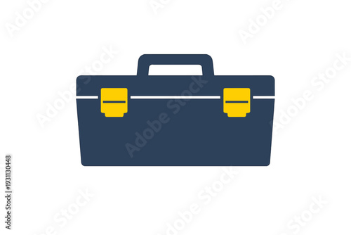 Dark blue toolbox icon with yellow latches for hardware and construction tools isolated on white background for repair work