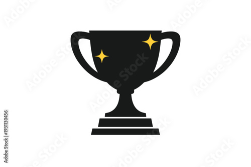 Black trophy cup silhouette with yellow sparkles on white background representing success and achievement in sports or business competition