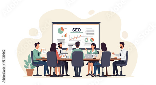 Business meeting discussing SEO strategy with data on screen.