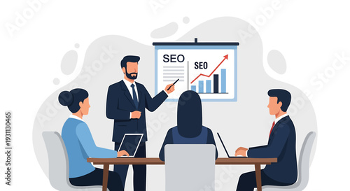 Business meeting presentation of SEO strategy and growth chart.