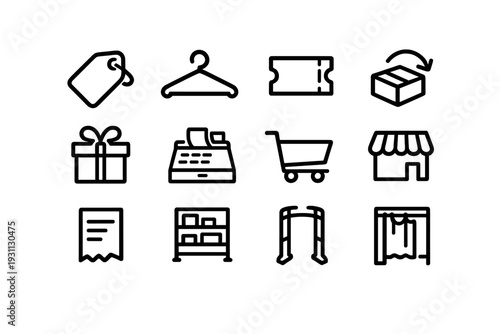 Shopping and retail line icons set including price tag hanger gift box cash register shopping cart storefront receipt and fitting room