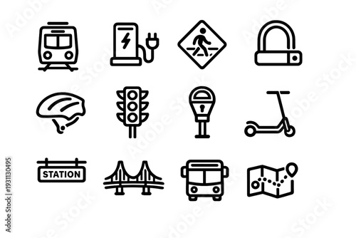 Urban transportation and city infrastructure line icon set featuring train bus electric scooter charging station traffic light and map