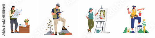 Professionals working on landscape architecture, urban planning, and gardening projects. Illustrating design, field research, and maintenance for sustainable outdoor spaces.