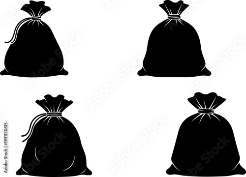 Money Bag or Sack Black Silhouette Vector Set, Currency Finance Investment Symbol Icons, Savings Wealth Treasure Graphic Elements, Budget Loan and Banking Concept Illustration.