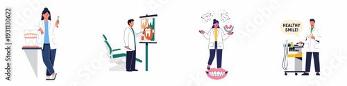 Diverse illustrations of dentists providing comprehensive oral care, featuring professionals, dental tools, educational materials, and promoting healthy smiles.