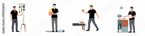 Comprehensive Physical Therapy & Wellness Concepts: A Set of Illustrations Depicting Chiropractic, Exercise, Posture Correction, and Professional Health Services.
