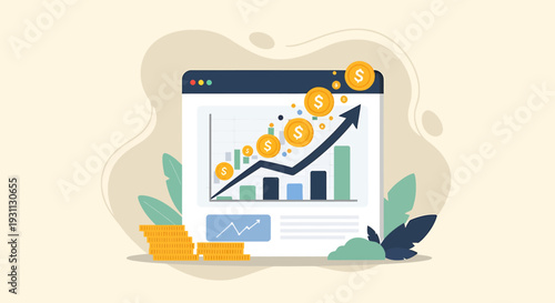 Financial growth chart with coins and upward arrow illustration.
